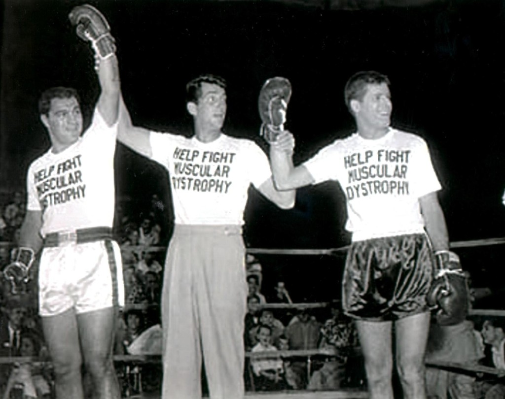 Heavyweight champ Rocky Marciano with the zany Martin and Lewis comedy team at MDA telethon