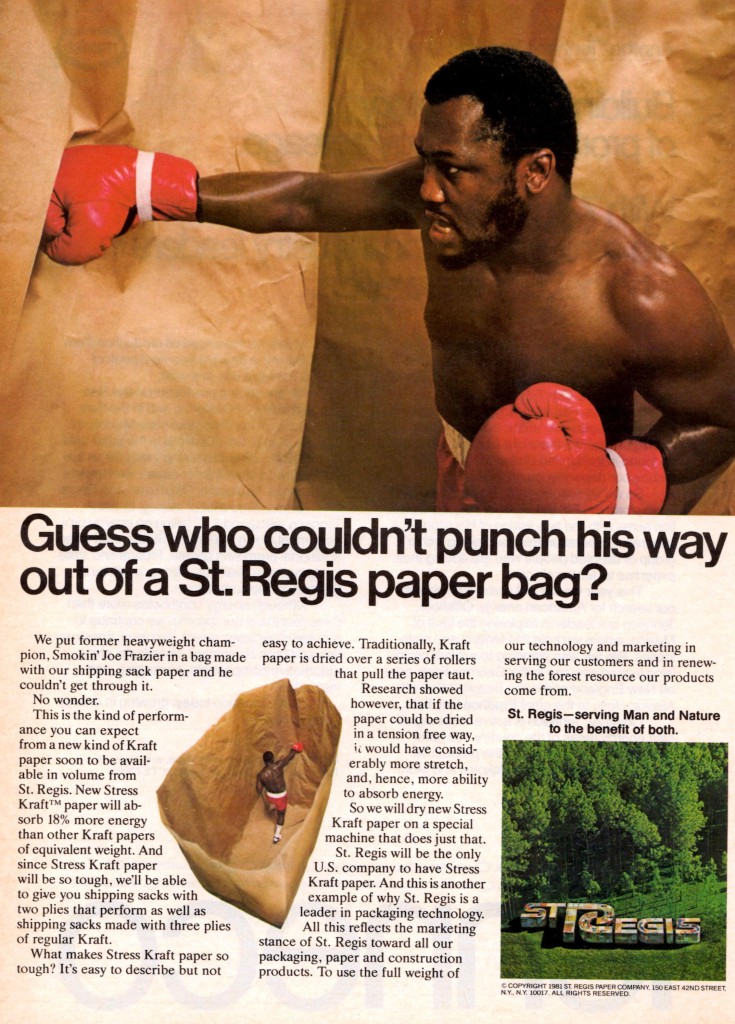 Former heavyweight Champion Smokin' Joe Frazier appears in ad for St. Regis Paper Bags