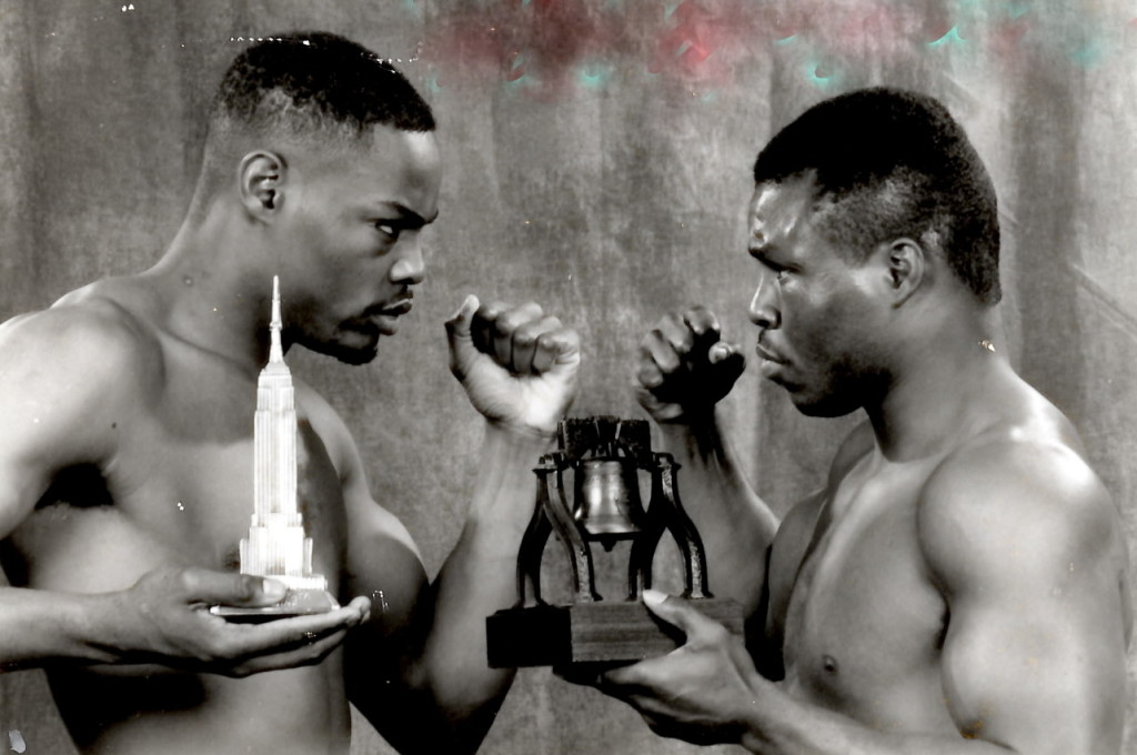 WBA Wlterweight Champion Aaron Davis (L) and Meldrick Taylor (R) before their championship bout on January 19, 1991, which Taylor won by decision