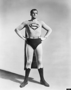 circa 1955: Full-length studio portrait of American actor George Reeves (1914 - 1959) in costume as the Man of Steel from the TV show 'Superman'. (Photo by Hulton Archive/Getty Images)