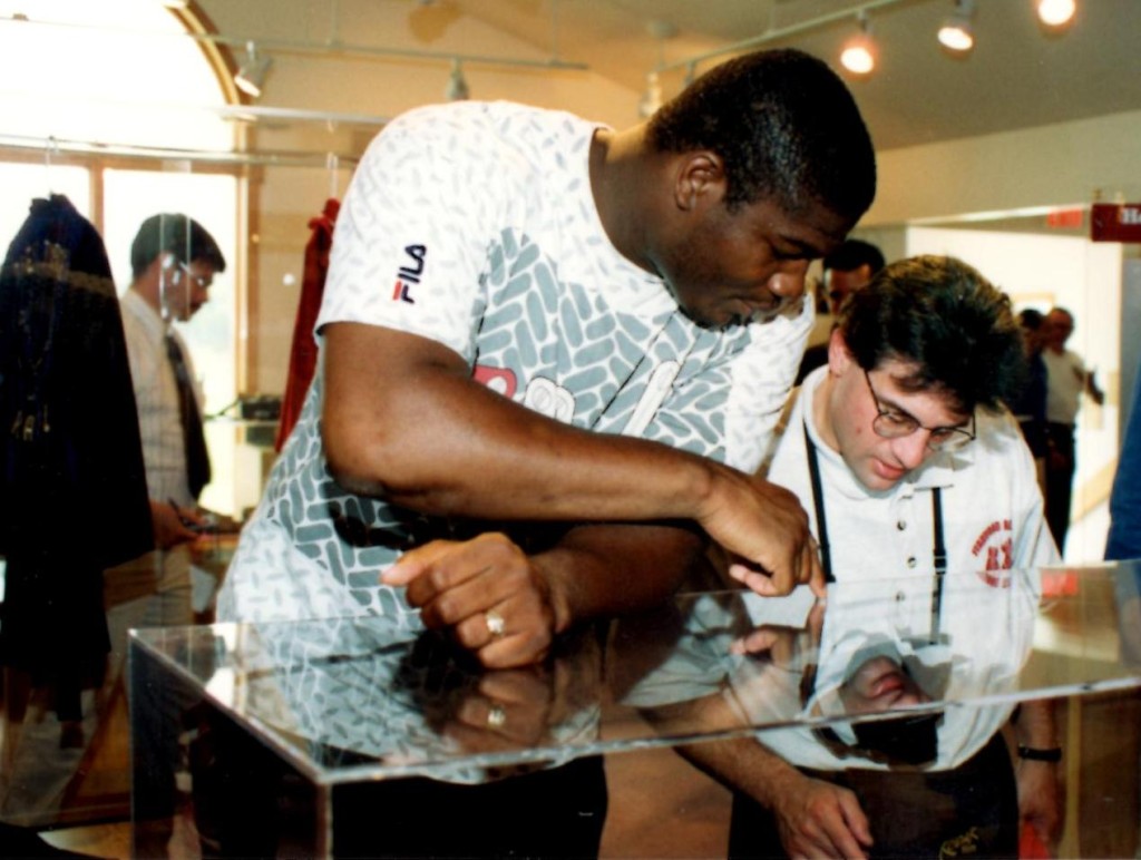 John Rinaldi and Heavyweight Champion Riddick Bowe looking at Hall of Fame displays in 1993 *(PHOTO BY ALEX RINALDI)