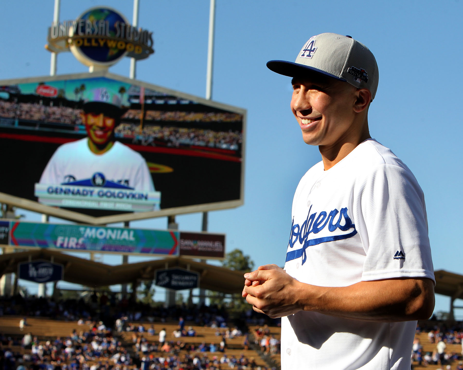 April 17, 2016 , Los Angeles,Ca. --- Boxing Superstar and Unified World Middleweight Champion Gennady "GGG" Golovkin, 34-0 (31KO’s) throws out the first pitch during the Los Angeles Dodgers-San Francisco baseball game Sunday in Los Angeles,California. Golovkin will take on undefeated mandatory challenger Dominic "Lights Out" Wade, 18-0 (12KO’s) , Saturday, April 23 from the Fabulous Forum. This championship battle will be televised Live on HBO World Championship Boxing®beginning at 10:00 p.m. ET/PT. Golovkin vs. Wade is promoted by K2 Promotions, GGGPromotions and in association with TGBPromotions. --- Photo Credit : Chris Farina - K2 Promotions copyright 2016 ===== SOCIAL MEDIA: For moreinformation, visit www.K2Promos.com, www.GGGBoxing.com, www.TGBPromotions.com, www.FabulousForum.com and www.HBO.com/boxing. Follow on Twitter at Gennady Golovkin @GGGBoxing,Dominic Wade @_DomoWade, Roman Gonzalez @chocolatitobox, TomLoeffler/K2 Promotions @TomLoeffler1, TGBPromotions @TGBpromotions, the Forum @theForum and HBO Boxing @HBOBoxingand become a fan on Facebook www.facebook.com/GGGBoxing, www.facebook.com/TheForum and www.facebook.com/HBOBoxing. Use the hashtags #GolovkinWade and #GomzalezArroyoto join the conversations on social media.