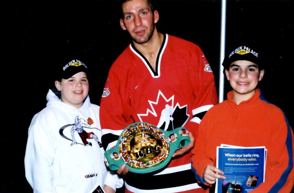 Ron John and Joseph Rinaldi with WBC World Super Middleweight Champion Eric Lucas on March 1, 2002 after Lucas decisioned Vinny Pazienza to retain his title at Foxwoods in Connecticut.