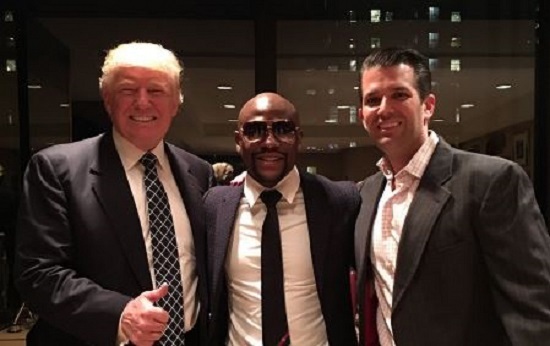 Floyd Mayweather (center) and President-Elect Donald Trump (L) and Eric Trump (R)