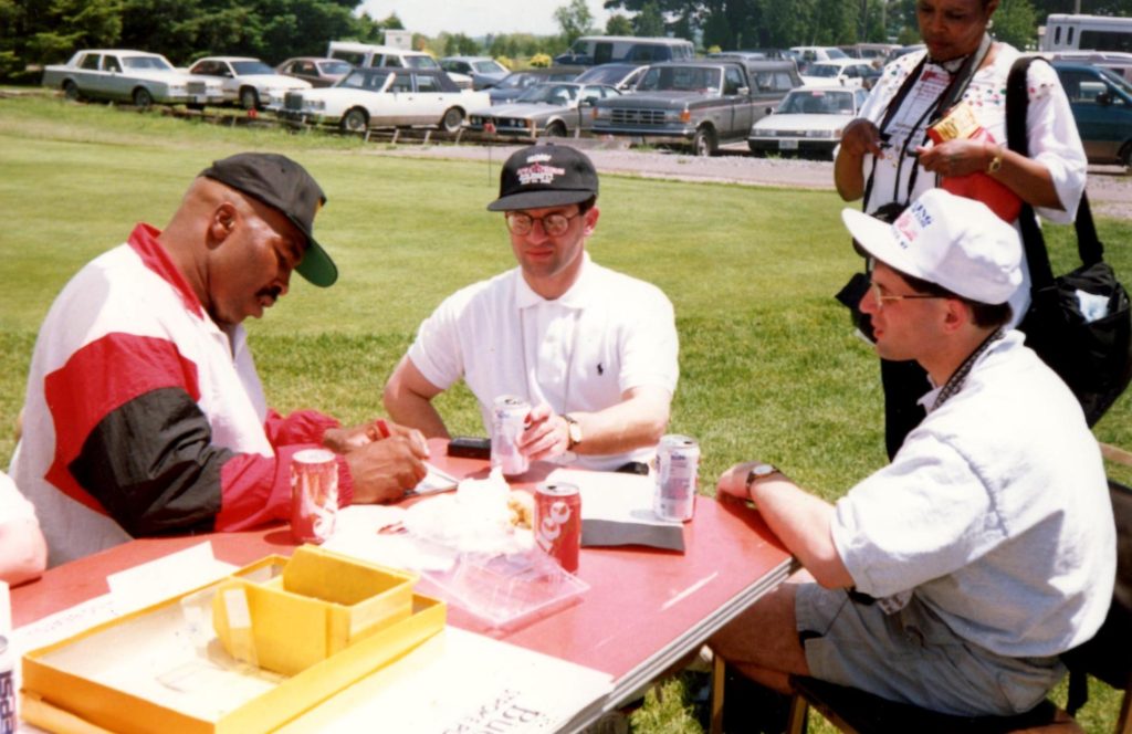 John (C) and Alex Rinaldi (R) interviewing former heavyweight contender Ernie Shavers (L) (PHOTO BY GERARD RINALDI)