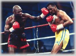 Iran Barkley (L) nailing Thomas "Hit Man" Hearns (R) with a left hook en route to capturing the WBA World Light Heavyweight title on March 20, 1992.