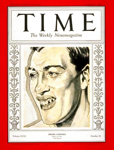 Primo Carnera on the cover of Time Magazine on October 5, 1931. (CLICK PHOTO to view Primo Carnera vs Paulino Uzcudun II fight)