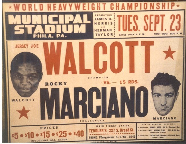 Jersey Joe Walcott vs. Rocky Marciano first bout fight poster. THE