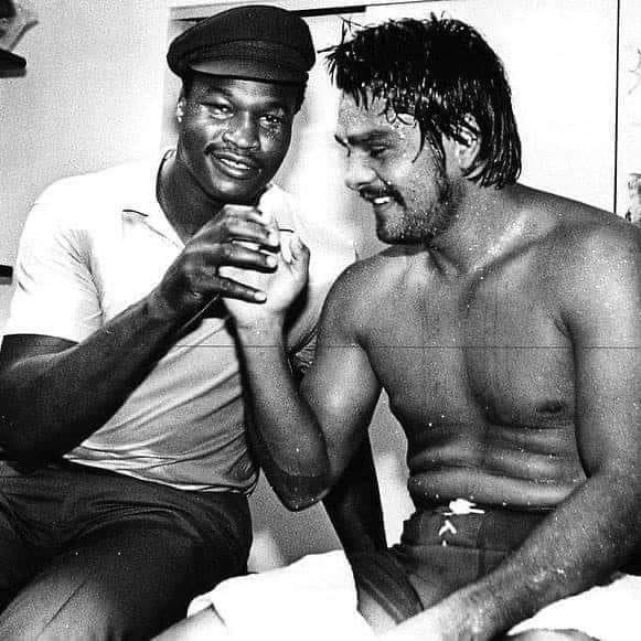 Larry Holmes congratulating Roberto Duran after his win over Carlos Palominio in Madison Square Garden in June 1979.