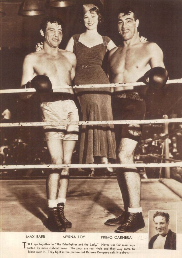 Max Baer and Primo Carnera with actress Myrna Loy