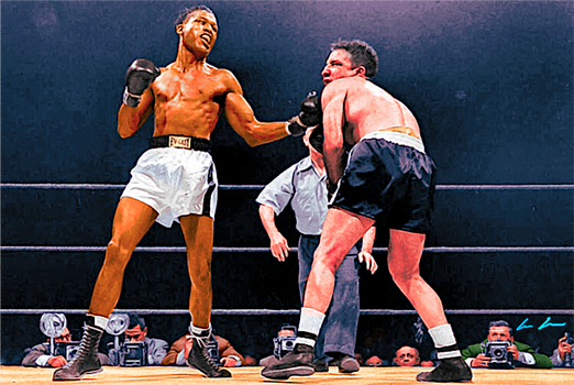 Sugar Ray Robinson (L) pummeling Champion Jake LaMotta (R) in their February 14, 1951 bout at Chicago 