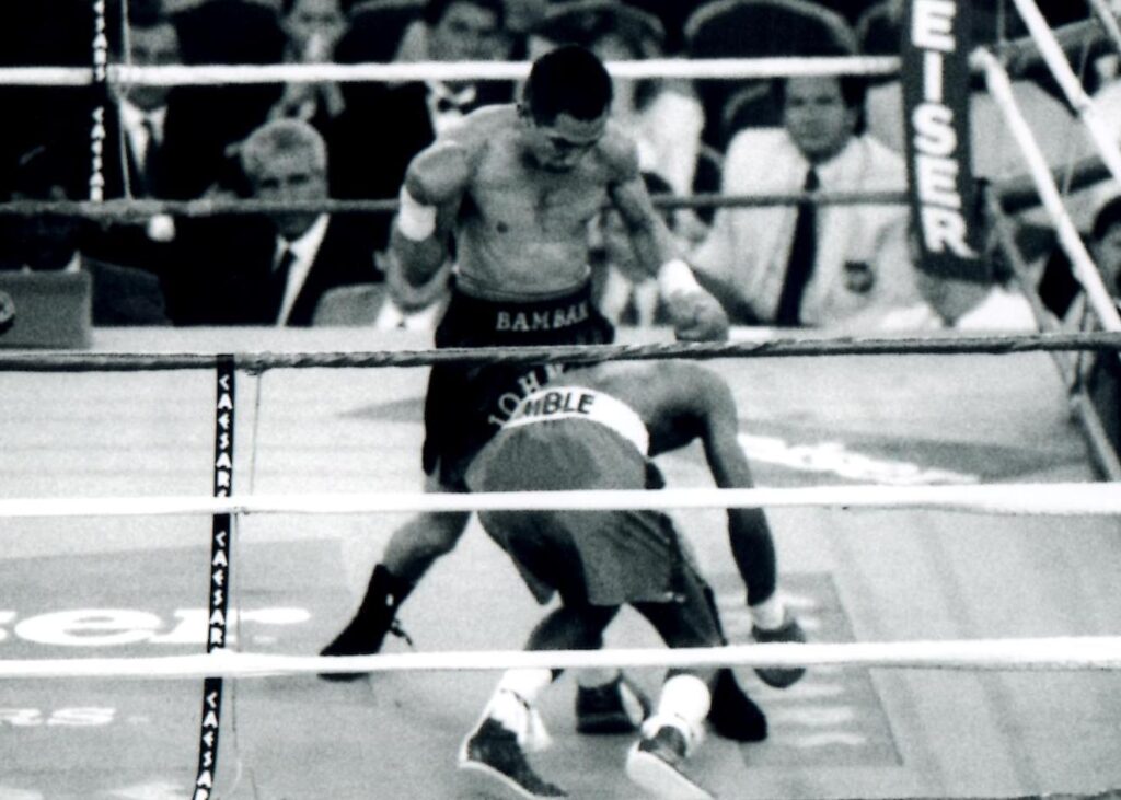 John Michael "Bam Bam," Johnson (L) won the WBA bantamweight title by knocking out Junior Jones (R) in the 11th round on April 22, 1994 at Caesars Palace in Las Vegas, Nevada. (PHOTO BY ALEX RINALDI).