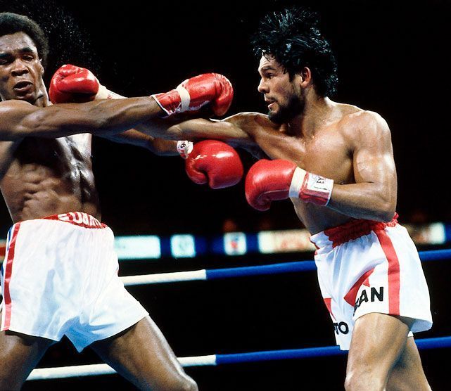 Roberto Duran (R) nails Sugar Ray Leonard (L) with a hard right in round 2 at Olympic Stadium.