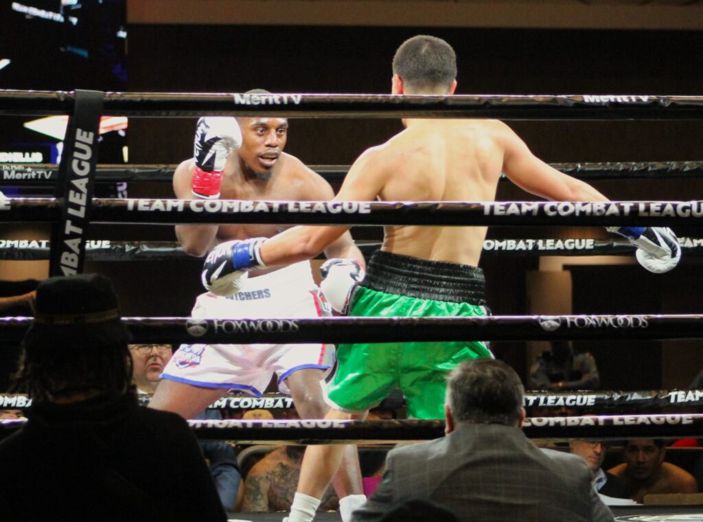 Boston Butcher boxer Speedy Rashidi Ellis prepares to attack a showboating Ryan Pino in the Money Rounds portion of the team format.