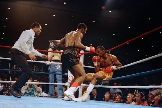 Iran Barkley (L) knocking out Thomas Hearns (R) in their 1988 Middleweight Championship bout.